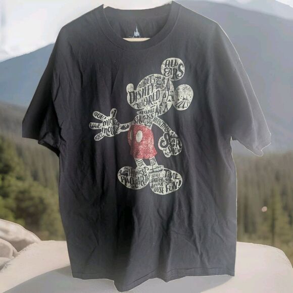 Disney Parks Authentic  Mickey Mouse Black Word Cloud Print T-Shirt‎ Adult 2X - Picture 1 of 4
